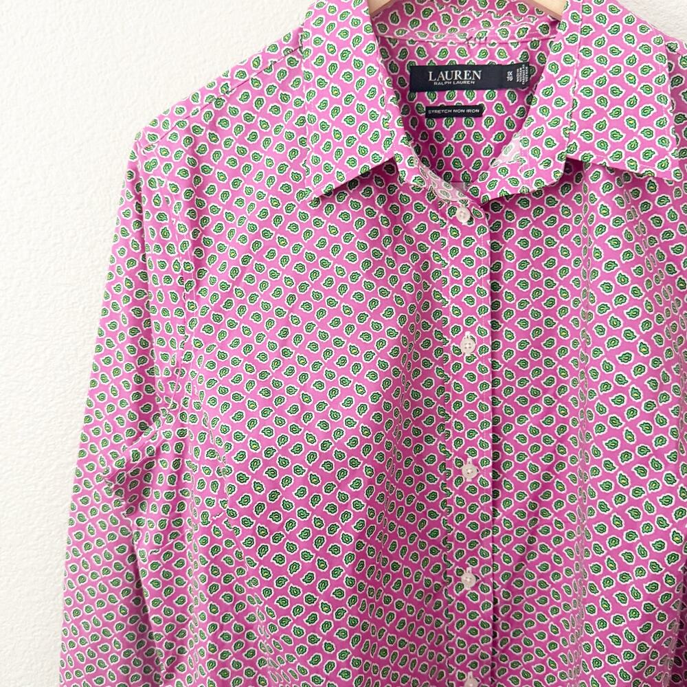 RALPH LAUREN | Plus Size Dress Shirt No-Iron Button Pink Green Print‎ | Size 1X
